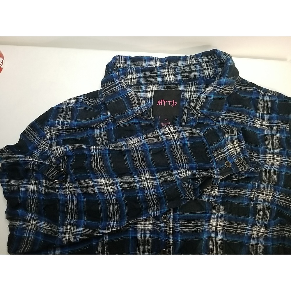 Myth Womens Flannel Long Sleeve Button Up Plaid Shirt Blue Black 3X
